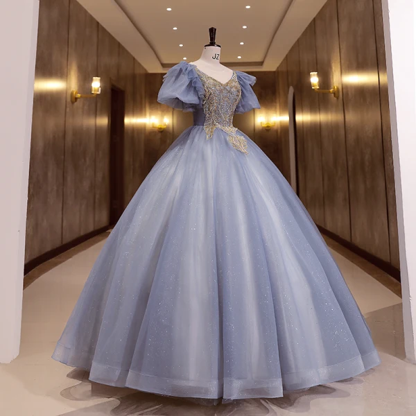 Elegante Himmelblau Perlenstickerei Perle Pailletten Ballkleider 2022 Ballkleid Rundhalsausschnitt Geschwollenes Kurze Ärmel Rückenfreies Lange Festliche Kleider