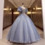 Elegante Himmelblau Perlenstickerei Perle Pailletten Ballkleider 2022 Ballkleid Rundhalsausschnitt Geschwollenes Kurze Ärmel Rückenfreies Lange Festliche Kleider