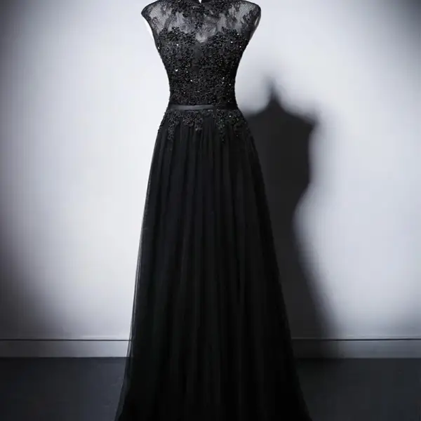 Vintage / Retro Chinese style Black Beading Lace Flower Cheongsam / Qipao Evening Dresses 2025 A-Line / Princess High Neck Sleeveless Floor-Length / Long Evening Party Cheongsam