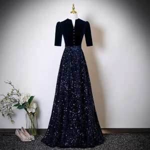 Vintage Originale Bleu Marine Paillettes Robe Mère De La Mariée 2025 Princesse Col Haut Manches Courtes Longue