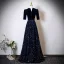 Vintage / Retro Navy Blue Sequins Mother Of The Bride Dresses 2025 A-Line / Princess High Neck Short Sleeve Floor-Length / Long