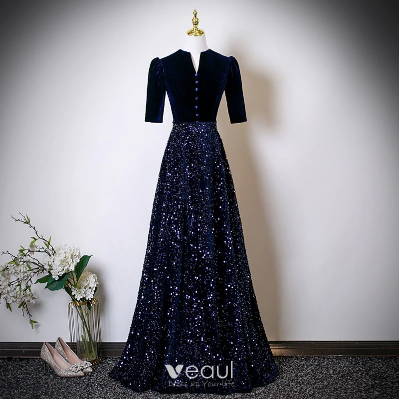 Vintage Retro Navy Blue Sequins Mother Of The Bride Dresses 2025 A Line  Princess High Neck Short Sleeve Floor Length Long