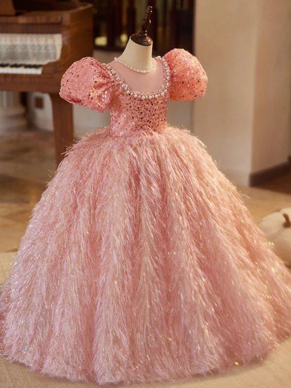 Lovely Blushing Pink Pearl Sequins Rhinestone Tassel Birthday Flower Girl Dresses 2024 Ball Gown Scoop Neck Puffy Short Sleeve Backless Floor-Length / Long