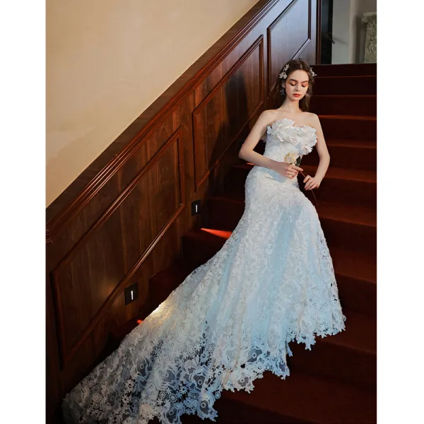 Charmant Ivoire Appliques En Dentelle Fleur Robe De Mariée 2022 Trompette / Sirène Bustier Sans Manches Dos Nu Longue Mariage
