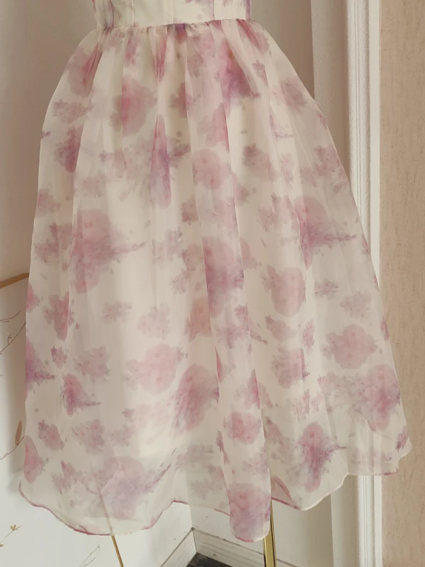 Simple Blanche Impression Organza Robe De Bal 2023 Princesse Encolure Carrée Sans Manches Dos Nu Courte Promo Robe De Ceremonie