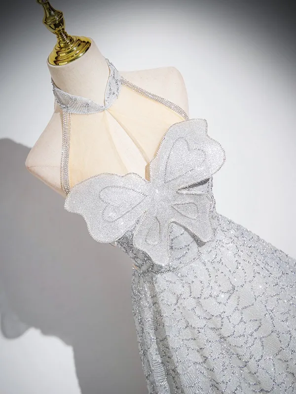 Mode Gris Perlage Paillettes Robe De Bal 2024 Princesse Col Haut Papillon Sans Manches Dos Nu Longue Promo Robe De Ceremonie