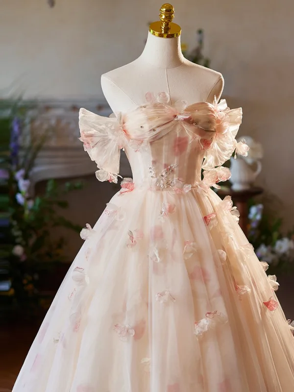 Chic / Belle Rougissant Rose Appliques Robe De Bal 2025 Robe Boule De l'épaule Manches Courtes Dos Nu Train De Balayage Promo Robe De Ceremonie