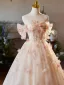 Chic / Belle Rougissant Rose Appliques Robe De Bal 2025 Robe Boule De l'épaule Manches Courtes Dos Nu Train De Balayage Promo Robe De Ceremonie