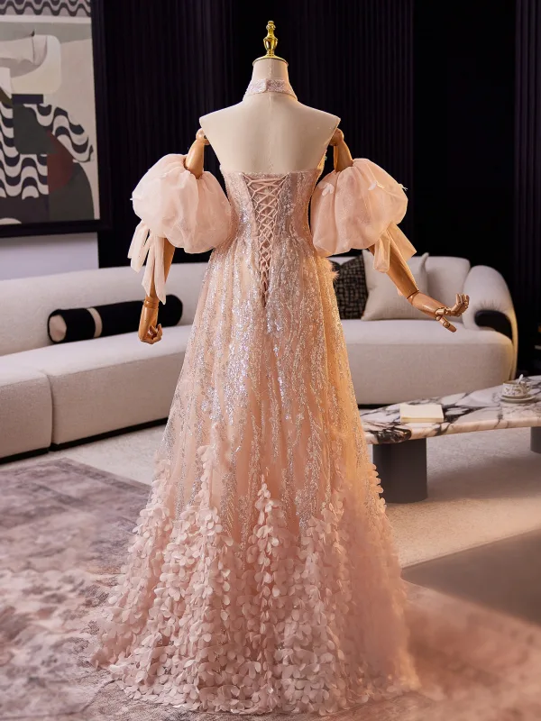 Charming Candy Pink Beading Pearl Sequins Appliques Prom Dresses 2025 A-Line / Princess Strapless Puffy Short Sleeve Backless Floor-Length / Long Formal Dresses