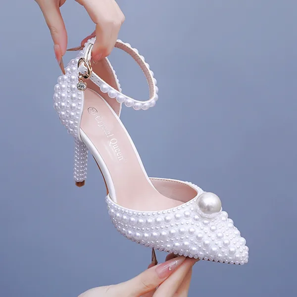 Elegant Beige Pearl Womens Shoes 2025 Ankle Strap 9 cm Stiletto Heels Wedding Pointed Toe High Heels Heels
