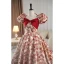 Elegant Burgundy Printing Prom Dresses 2023 Ball Gown Square Neckline Bow Short Sleeve Backless Sweep Train Prom Formal Dresses