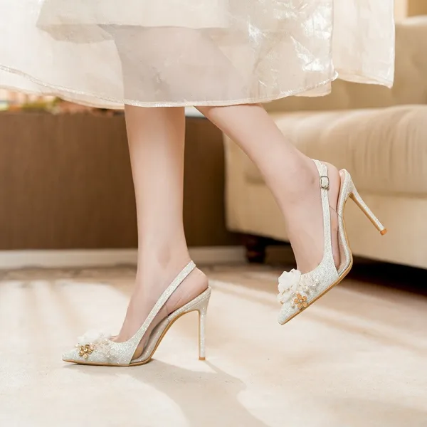 Charmant Blanche Perle Paillettes Appliques Chaussure De Mariée 2026 10 cm Talons Aiguilles À Bout Pointu Mariage Escarpins Talons Hauts