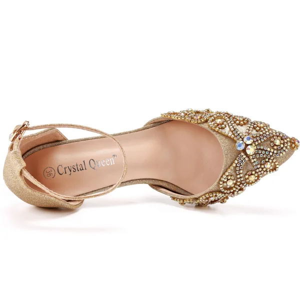 Charmant Bling Bling Doré Faux Diamant Paillettes Soirée Sandales Femme 2023 Bride Cheville 7 cm Talons Aiguilles À Bout Pointu Sandales Talons Hauts