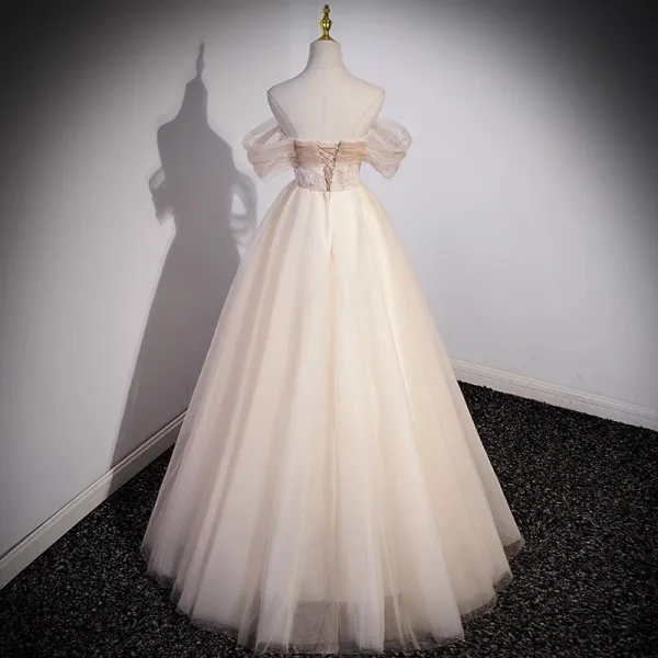 Charming Champagne Beading Appliques Prom Dresses 2023 A-Line / Princess Off-The-Shoulder Short Sleeve Backless Floor-Length / Long Prom Formal Dresses