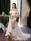 Charming Champagne Sequins Lace Flower Prom Dresses 2024 Trumpet / Mermaid Off-The-Shoulder Sleeveless Backless Bow Sweep Train Prom Formal Dresses