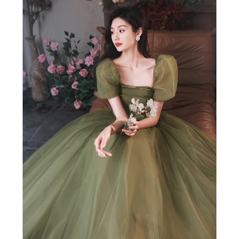 Modest Simple Sage Green Prom Dresses A-Line Princess 2022 Square Neckline Sequins Puffy