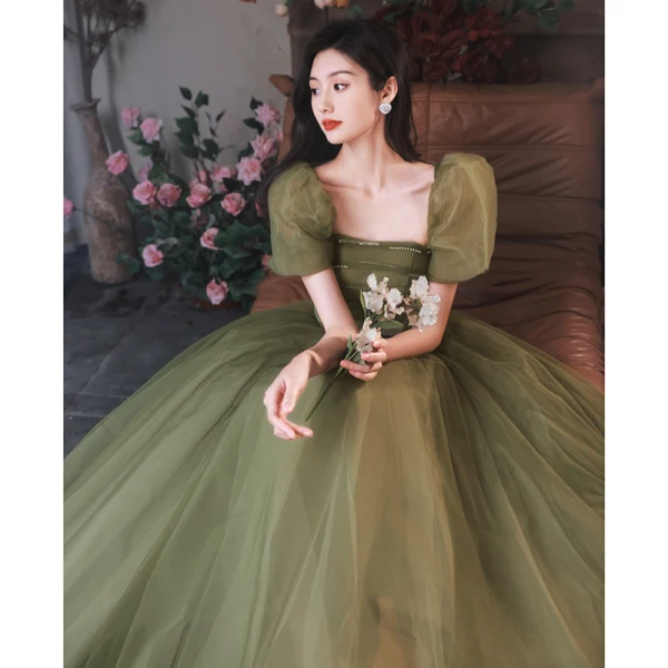 Modest / Simple Sage Green Prom Dresses A-Line / Princess 2022 Square Neckline Sequins Puffy Short Sleeve Backless Floor-Length / Long Formal Dresses