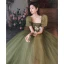 Modest / Simple Sage Green Prom Dresses A-Line / Princess 2022 Square Neckline Sequins Puffy Short Sleeve Backless Floor-Length / Long Formal Dresses