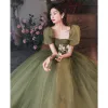 Modest / Simple Sage Green Prom Dresses A-Line / Princess 2022 Square Neckline Sequins Puffy Short Sleeve Backless Floor-Length / Long Formal Dresses