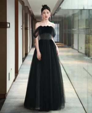 Sexy Black Beading Evening Dresses 2024 A Line Princess Off The Shoulder Sleeveless Backless Floor Length Long Evening Party Formal Dresses