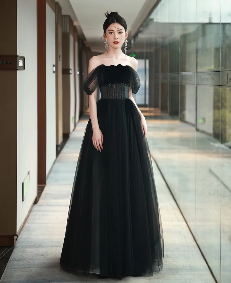 Sexy Black Beading Evening Dresses 2024 A Line Princess Off The Shoulder  Sleeveless Backless Floor Length Long Evening Party Formal Dresses