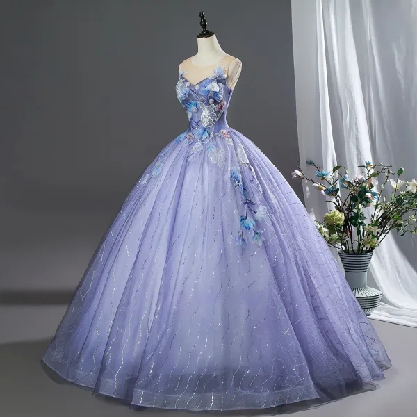Vintage Lavendel Applikationen Spitze Blumen Ballkleider 2026 Ballkleid Rundhalsausschnitt Ärmellos Rückenfreies Lange Festliche Kleider