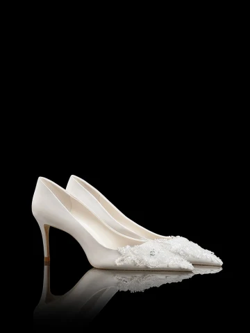 Charmant Blanche Perlage Satin Chaussure De Mariée 2024 8 Cm Talons Aiguilles À Bout Pointu Mariage Escarpins Talons Hauts