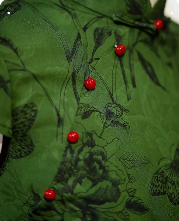 Chinese style Green Printing Split Front Tea-length Cheongsam 2026 Trumpet / Mermaid High Neck Cap Sleeves
