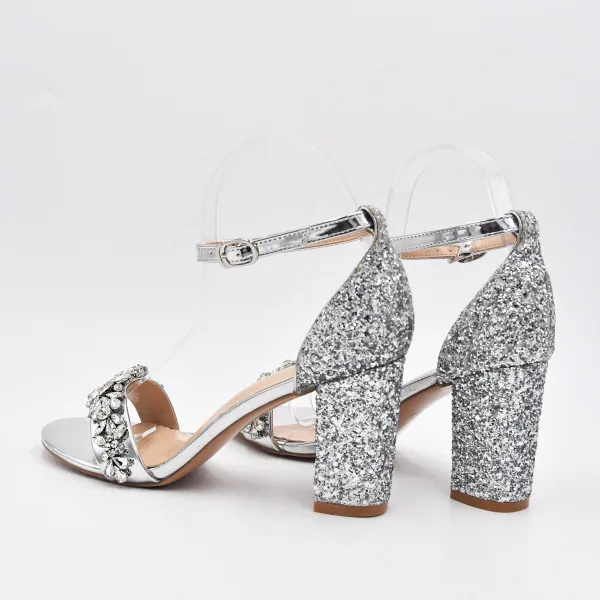 Sexy Argenté Faux Diamant Paillettes Chaussure De Mariée 2022 Bride Cheville 8 cm Talons Épais Peep Toes / Bout Ouvert Mariage Sandales Talons Hauts