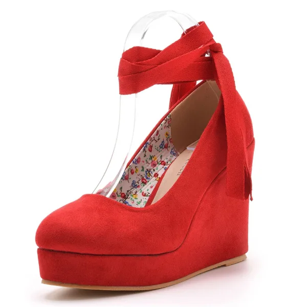 Romain Rouge Daim Soirée Chaussures Femmes 2023 Bride Cheville 11 cm Compensées À Bout Rond Chaussures Femmes