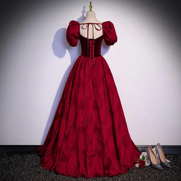 Elegant Burgundy Suede Lace Flower Prom Dresses 2022 A-Line / Princess Square Neckline Puffy Short Sleeve Backless Bow Floor-Length / Long Formal Dresses