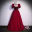Elegant Burgundy Suede Lace Flower Prom Dresses 2022 A-Line / Princess Square Neckline Puffy Short Sleeve Backless Bow Floor-Length / Long Formal Dresses