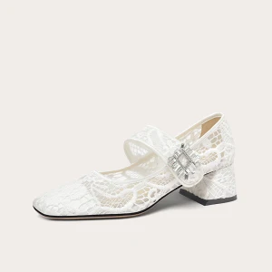 Vintage Retro White Lace Wedding Shoes 2024 5 Cm Thick Heels Square Toe Wedding Pumps