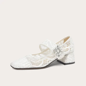 Vintage Originale Blanche Dentelle Chaussure De Mariée 2024 5 Cm Talons Épais Pied Carré Mariage Escarpins