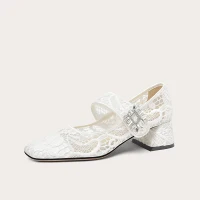 Vintage Blanco De Encaje Zapatos de novia 2024 5 cm Talones Gruesos Dedo Del Pie Cuadrado Boda Tacones