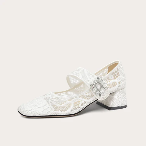 Vintage Hvit Blonder Brudesko 2024 5 cm Tykk Hæler Firkantetå Bryllup Pumps