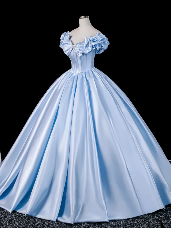 Elegant Sky Blue Prom Dresses 2026 Ball Gown Ruffle Off-The-Shoulder Bow Short Sleeve Backless Floor-Length / Long Formal Dresses