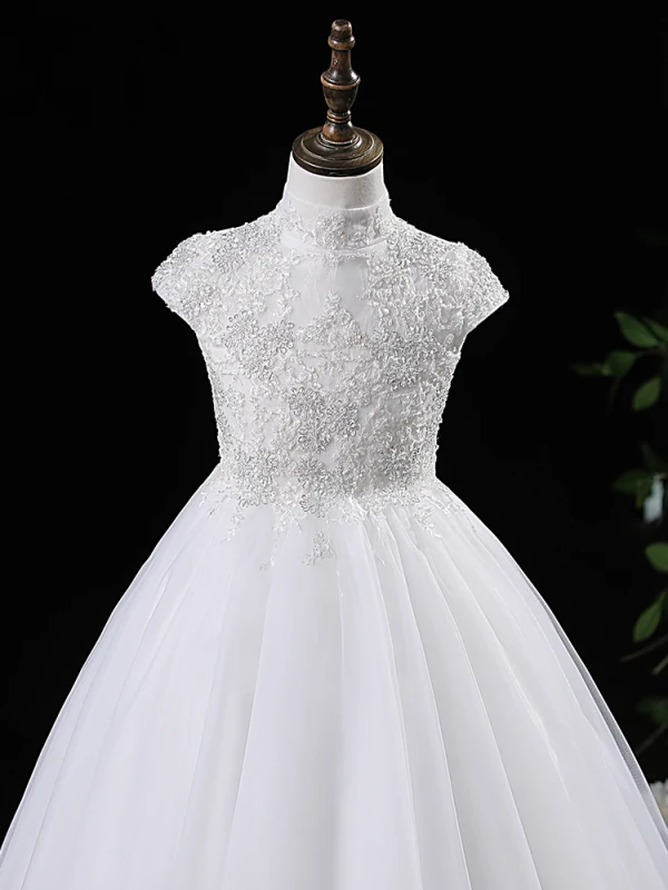 Chic / Beautiful White Beading Short Birthday Flower Girl Dresses 2024 A-Line / Princess High Neck Sleeveless Tulle