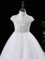 Chic / Beautiful White Beading Short Birthday Flower Girl Dresses 2024 A-Line / Princess High Neck Sleeveless Tulle