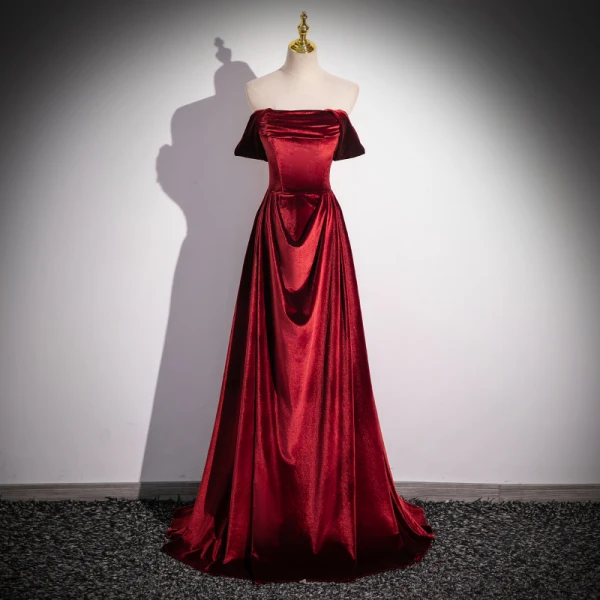 Modest / Simple Burgundy Velvet Prom Dresses 2024 A-Line / Princess Square Neckline Sleeveless Backless Floor-Length / Long Prom Formal Dresses