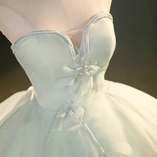 Elegant Sage Green Appliques Prom Dresses 2023 Ball Gown Strapless Sleeveless Backless Floor-Length / Long Prom Formal Dresses