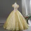 Bling Bling Doré En Dentelle Fleur Appliques Paillettes Robe De Bal 2026 Robe Boule Encolure Carrée Manches Courtes Dos Nu