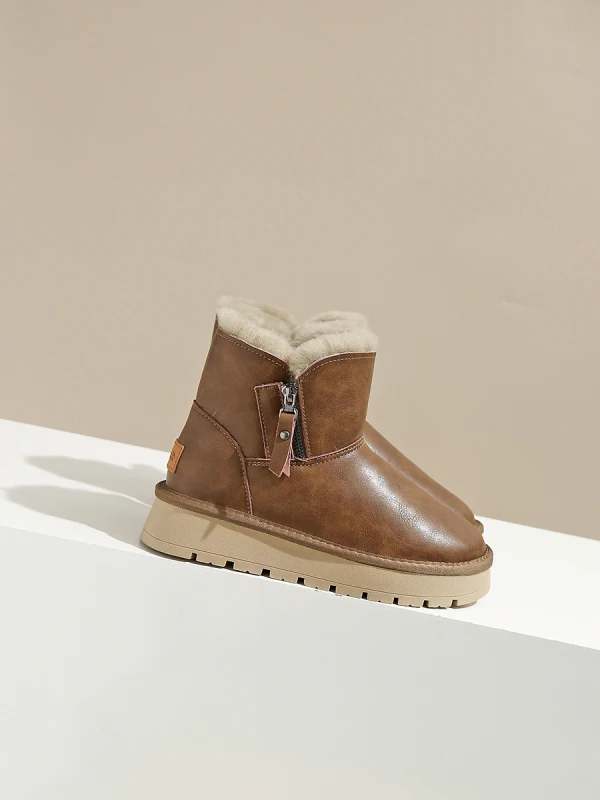 Wygodna Brązowy Zużycie ulicy Zima Snow Boots 2024 Skórzany Okrągłe Toe Buty Damskie