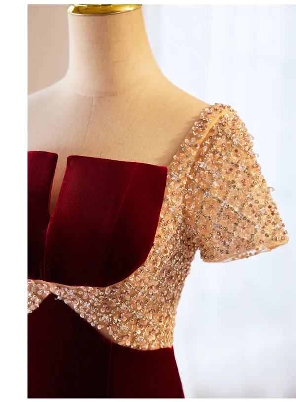 Charmant Bordeaux Perlage Paillettes Robe De Soirée 2023 Trompette / Sirène Encolure Carrée Manches Courtes Dos Nu Longue Soirée Robe De Ceremonie