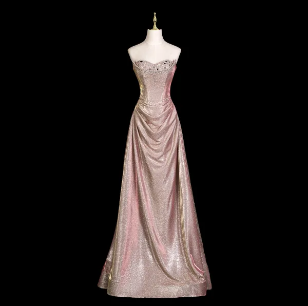 Sexy Rougissant Rose Faux Diamant Paillettes Robe De Soirée 2025 Trompette / Sirène De l'épaule Manches Courtes Dos Nu Noeud Longue Robe De Ceremonie
