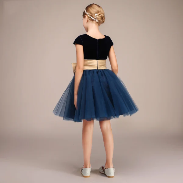 Chic / Belle Bleu Marine Anniversaire Courte Robe Ceremonie Fille 2022 Robe Boule Encolure Dégagée Noeud Ceinture Sans Manches Robe Ceremonie Fille