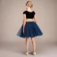 Chic / Belle Bleu Marine Anniversaire Courte Robe Ceremonie Fille 2022 Robe Boule Encolure Dégagée Noeud Ceinture Sans Manches Robe Ceremonie Fille