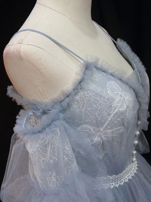 Charming Sky Blue Lace Flower Pleated Prom Dresses 2024 Ball Gown Spaghetti Straps Short Sleeve Backless Floor-Length / Long Formal Dresses
