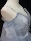 Charming Sky Blue Lace Flower Pleated Prom Dresses 2024 Ball Gown Spaghetti Straps Short Sleeve Backless Floor-Length / Long Formal Dresses