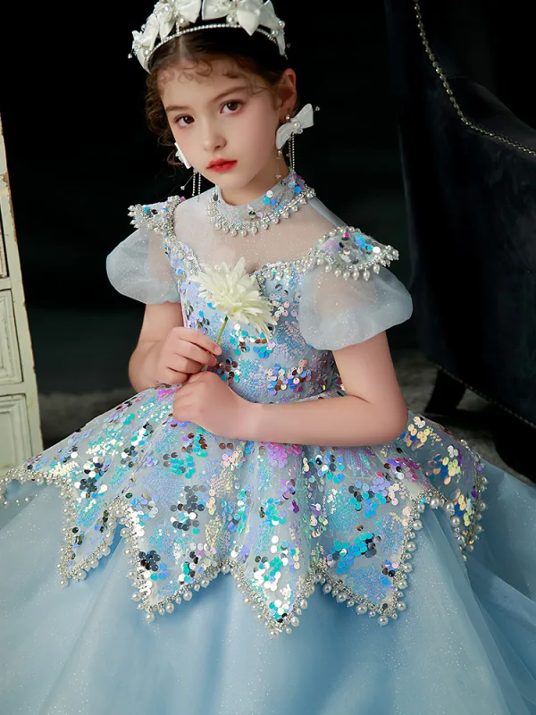 Glitzernden Himmelblau Pailletten Perle Strass Geburtstag Blumenmädchenkleider 2022 Ballkleid Stehkragen Kurze Ärmel Rückenfreies Lange Blumenmädchenkleider